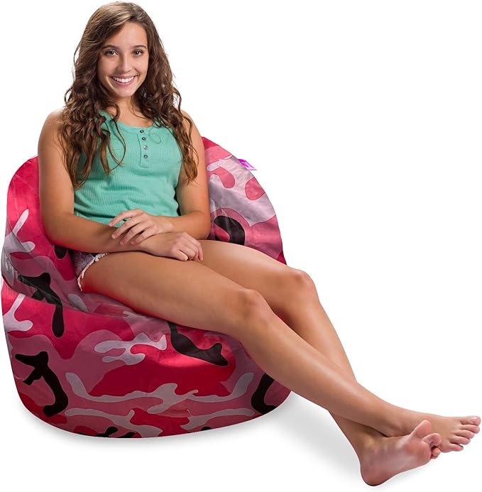 Posh Creations Structured Comfy Bean Bag Chair for Gaming, Reading and Watching TV, Sonoma Lounge, Nylon - Camo Pink and Black - LeafyLoom