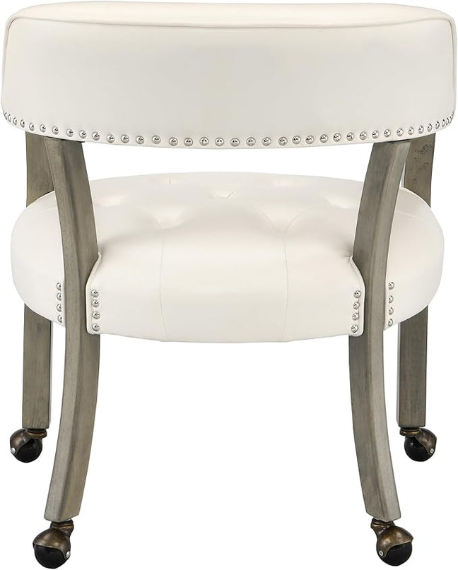 Large Dining Chairs with Casters and Arms, Rolling Dining Chairs with Wheels, Accent Game Poker Table Chairs, Solid Wood Office Chairs, 26“Dx25.2 Wx31.5“H, Grey Legs & Ivory PU SY-1318-WT - LeafyLoom