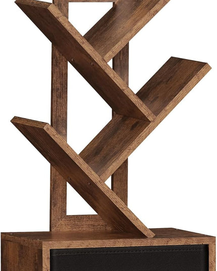 Small Bookshelf with Drawer,4 Tier Tree Book Shelf,Wood Desk Bookshelves,Modern Free Standing Desktop Display Shelves,Brown Floor Standing Organizer Bookcase for Living Room,Bedroom,Office - LeafyLoom