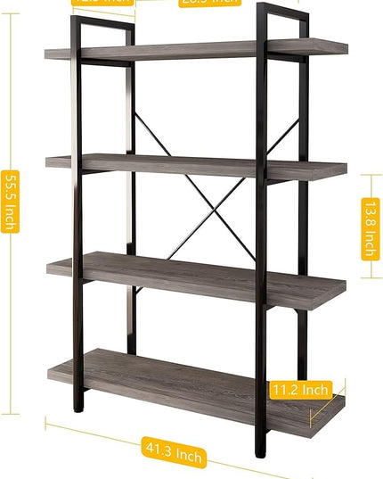45MinST 4-Tier Vintage Industrial Style Bookcase/Metal and Wood Bookshelf Furniture for Collection, Gray Oak, 3/4/5 Tier (4-Tier) - LeafyLoom