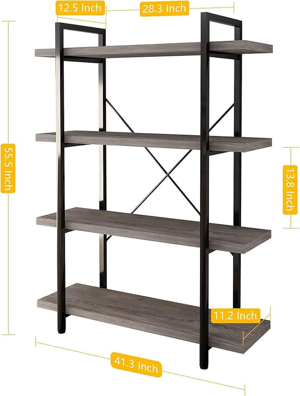 45MinST 4-Tier Vintage Industrial Style Bookcase/Metal and Wood Bookshelf Furniture for Collection, Gray Oak, 3/4/5 Tier (4-Tier) - LeafyLoom