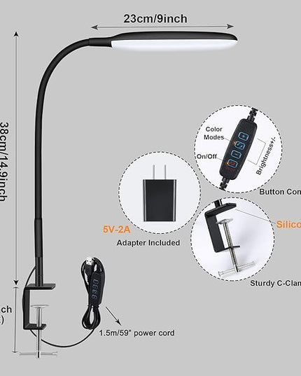 LED Desk Lamp with Clamp, 10W Flexible Gooseneck Swing Arm Clip Lamp with USB Plug, 3 Color Modes, 30 Brightness Levels, Eye-Caring Portable Desk Light for Home Office Reading Working (Black) - LeafyLoom