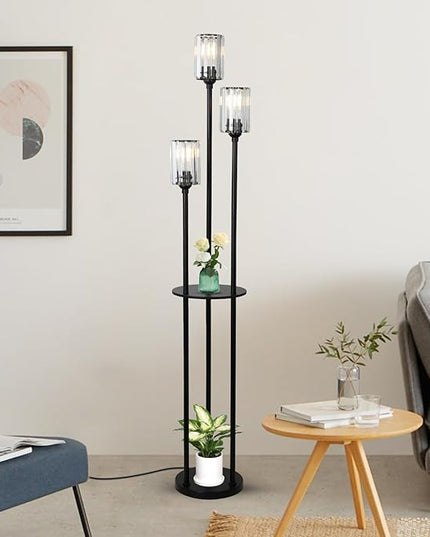 HMVPL Crystal Floor Lamp with Shelves, Modern Floor Lamps for Living Room, 3-Light Standing Lamps with Table, Black Floor Lamp with Crystal Shade, On/Off Foot Switch, Corner Floor Lamp for Bedroom - LeafyLoom