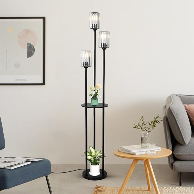 HMVPL Crystal Floor Lamp with Shelves, Modern Floor Lamps for Living Room, 3-Light Standing Lamps with Table, Black Floor Lamp with Crystal Shade, On/Off Foot Switch, Corner Floor Lamp for Bedroom - LeafyLoom