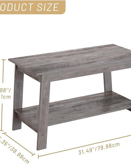 Coffee Table for Living Room, 2-Tier Coffee Table with Storage Shelf, Living Room Table Rectangular Center Table, Farmhouse Wood Coffee Table, Modern TV Stand for Small Spaces, Easy Assembly, Gray - LeafyLoom
