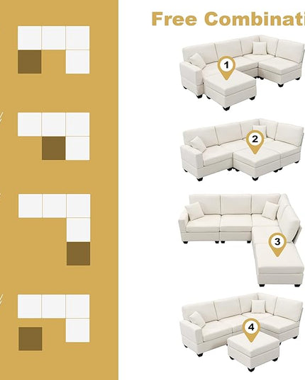 90" Modular Sectional Sofa with Convertible Ottoman, 5 Seats L-Shape Reversible Solid Corner Sofa with 2 Pillows, Linen Modern Sleeper Couch for Living Room, Apartment, Office (Cream White) - LeafyLoom
