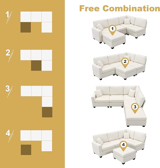 90" Modular Sectional Sofa with Convertible Ottoman, 5 Seats L-Shape Reversible Solid Corner Sofa with 2 Pillows, Linen Modern Sleeper Couch for Living Room, Apartment, Office (Cream White) - LeafyLoom