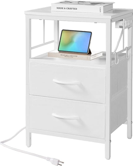 Nightstand with Charging Station, Side Table with Fabric Drawers and Open Shelf, Night Stand for Bedroom Decor, Bedside Table with USB Ports & Outlets (White,1) - LeafyLoom