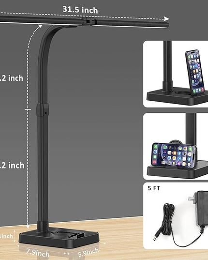 LED Desk Lamp for Home Office, 24W Bright Desk Lamp with Phone Holder Base - 25 Lighting Modes Eye-Caring Desk Light Adjustable Gooseneck Lamp for Workbench Drafting Reading Study - LeafyLoom
