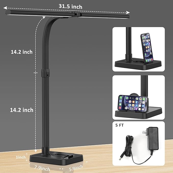 LED Desk Lamp for Home Office, 24W Bright Desk Lamp with Phone Holder Base - 25 Lighting Modes Eye-Caring Desk Light Adjustable Gooseneck Lamp for Workbench Drafting Reading Study - LeafyLoom