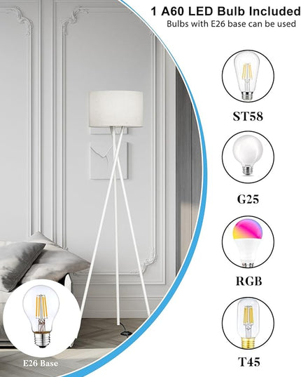 66IN Tripod Floor Lamp, White Standing Lamps with E26 Bulb Included, Mid Century Modern Tall Lamps for Living Room Bedroom Home Decor - LeafyLoom