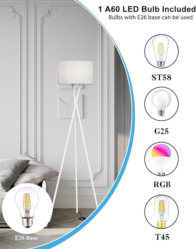 66IN Tripod Floor Lamp, White Standing Lamps with E26 Bulb Included, Mid Century Modern Tall Lamps for Living Room Bedroom Home Decor - LeafyLoom