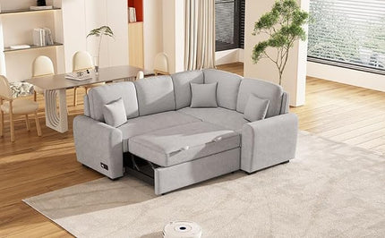 87.4" L-Shape Sectional Sleeper Sofa with Chaise &Pull-out Bed, Chenille Upholstered Couch w/USB Ports, Power Sockets and 3 Pillows, for Living Room, Apartment, 87.4 Inch, Gray - LeafyLoom