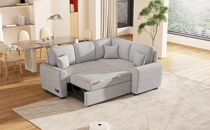 87.4" L-Shape Sectional Sleeper Sofa with Chaise &Pull-out Bed, Chenille Upholstered Couch w/USB Ports, Power Sockets and 3 Pillows, for Living Room, Apartment, 87.4 Inch, Gray - LeafyLoom