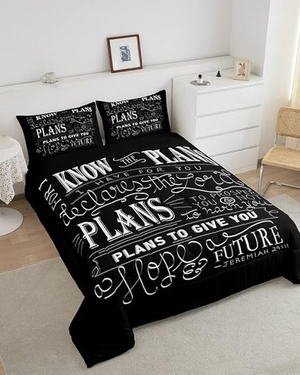 Feelyou Kids Vintage Bible Verse Comforter Set Christian Bible Verse Jeremiah Comforter Set for Boys Children Teens Bedroom Decor Modern Comforter Black Duvet Set King Size with 2 Pillow Case - LeafyLoom
