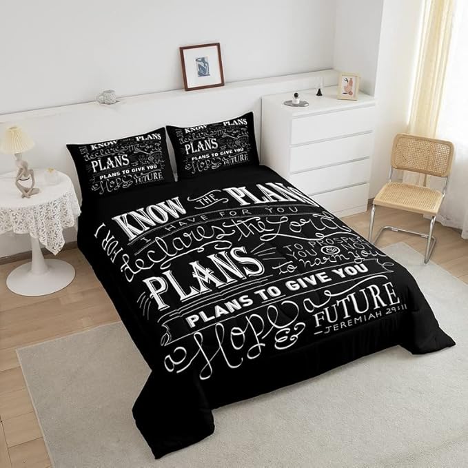 Feelyou Kids Vintage Bible Verse Comforter Set Christian Bible Verse Jeremiah Comforter Set for Boys Children Teens Bedroom Decor Modern Comforter Black Duvet Set King Size with 2 Pillow Case - LeafyLoom