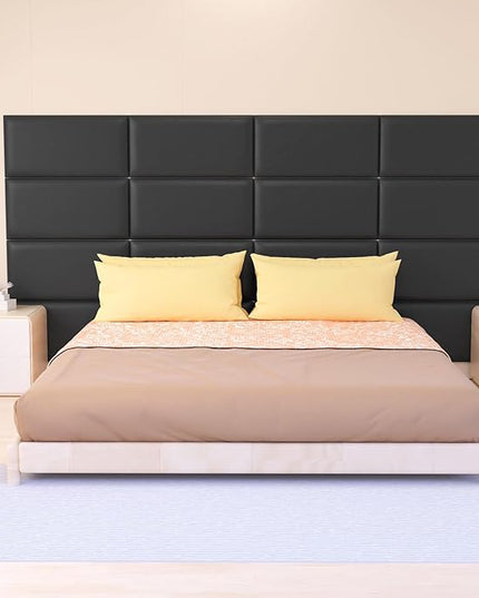 Peel and Stick Headboard for Twin and king in Black Headboard panels for wall, 3D Anti-Collision Wall Panel, Self-Adhesive Bedroom/Living Room Upholstered Wall Panel (4 Panels/11.8" x 23.6") - LeafyLoom