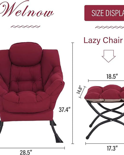 Welnow Lazy Chair with Ottoman, Modern Lounge Accent Chair with Armrests and a Side Pocket, Leisure Upholstered Sofa Chair Set, Reading Chair with Footrest for Small Space, Burgundy - LeafyLoom