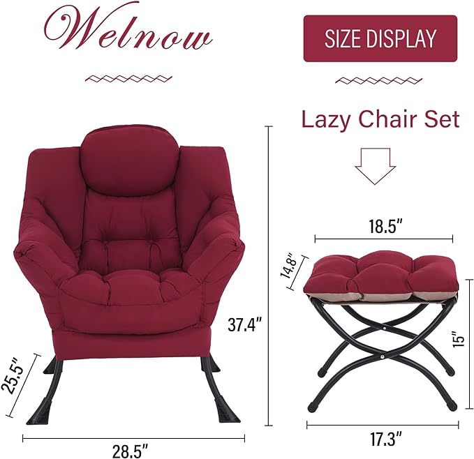 Welnow Lazy Chair with Ottoman, Modern Lounge Accent Chair with Armrests and a Side Pocket, Leisure Upholstered Sofa Chair Set, Reading Chair with Footrest for Small Space, Burgundy - LeafyLoom