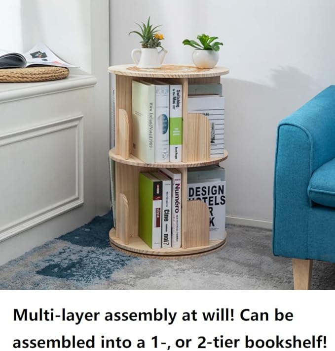 Heehee 2 Rotating Bookshelf 360 Display Floor Standing Bookcase Storage Rack for Kids&Adults Multi-Functional Bookshelf Organizer (2-Tier) - LeafyLoom