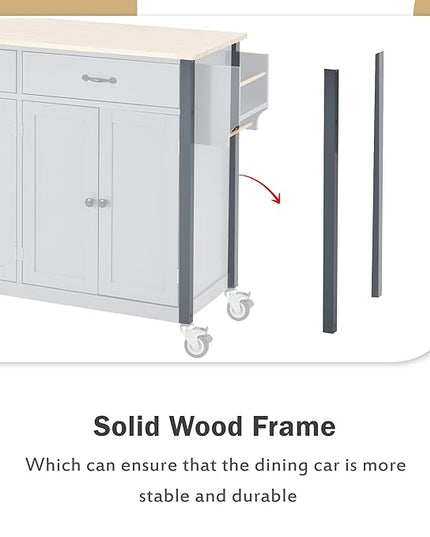 Solid Wood Top, Mobile Carts with Storage Cabinet, Rolling Kitchen Table w/Spice, Towel Rack, and Drawer, Portable Islands on Wheels, Gray, 54.33 Inch - LeafyLoom