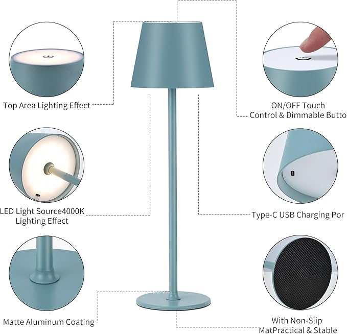 Cordless Table Lamps USB Rechargeable Simplicity Desk Lamp Built-in 4600 mAh Battery LED Battery Operated lamp with Touch Control Table lamp - Bedroom/Desk/Reading/Patio(2Pack-Light Blue) - LeafyLoom
