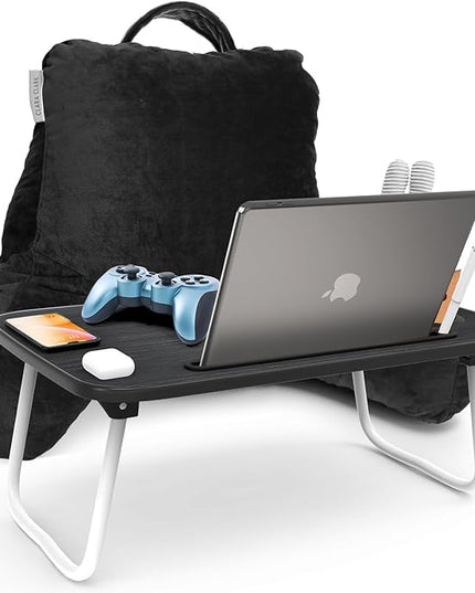 Clara Clark Reading Pillow with Portable Lap Desk Set for Kids, Back Pillow for Sitting Up in Bed, Memory Foam Back Support Pillow, Bed Rest Pillow with Foldable Laptop Desk, Small - Black - LeafyLoom