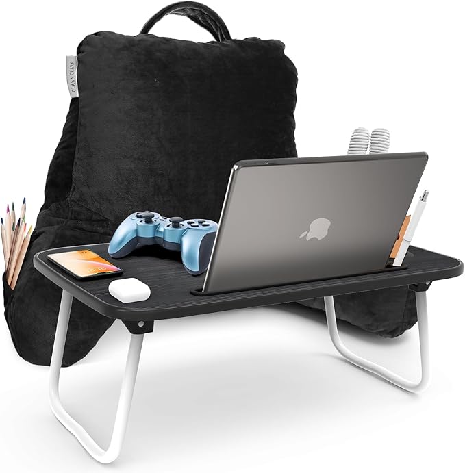 Clara Clark Reading Pillow with Portable Lap Desk Set for Kids, Back Pillow for Sitting Up in Bed, Memory Foam Back Support Pillow, Bed Rest Pillow with Foldable Laptop Desk, Small - Black - LeafyLoom