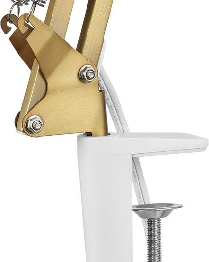 Globe Electric 62000010 32" Multi-Joint Desk Lamp with Metal Clamp, Matte Brass, White Accents, On/Off Rotary Switch on Shade, Partially Adjustable Swing Arm, Home Décor, Office Accessory - LeafyLoom