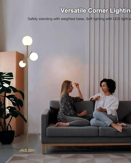 3 Globe Mid Modern Floor Lamp with Orb Frosted Glass Globe and 3000K Warm Light LED Bulbs, Cute Standing Tree Lamp for Living Room, Bedroom, Home & Office - Grey - LeafyLoom