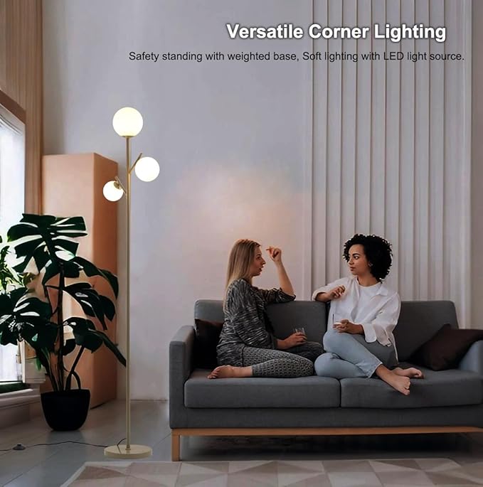 3 Globe Mid Modern Floor Lamp with Orb Frosted Glass Globe and 3000K Warm Light LED Bulbs, Cute Standing Tree Lamp for Living Room, Bedroom, Home & Office - Grey - LeafyLoom