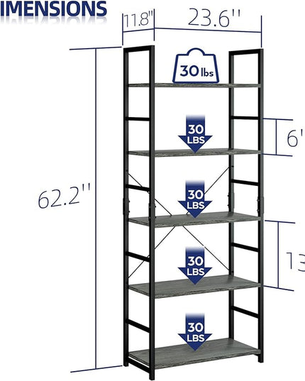 NUMENN 5 Tier Bookshelf, Tall Bookcase Shelf Storage Organizer, Modern Book Shelf for Bedroom, Living Room and Home Office, Dark Grey - LeafyLoom
