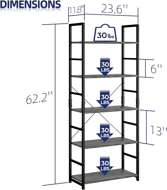 NUMENN 5 Tier Bookshelf, Tall Bookcase Shelf Storage Organizer, Modern Book Shelf for Bedroom, Living Room and Home Office, Dark Grey - LeafyLoom