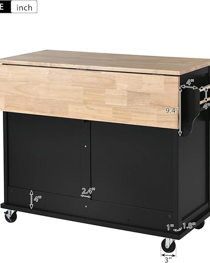 Kitchen Island Cart, with a Flatware Organizer, 5 Wheels and Rubber Wood Countertop, 8 Handle-Free Drawers,Adjustable Height & Concealed Sliding barn Door for Dinning Room, Coffee Bar - LeafyLoom