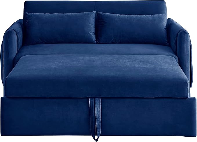 3 in 1 Sleeper Sofa Grid Design Armrests and 2 Pillows,Modern Convertible Loveseat Sofá W Pull Out Sleep Couch Bed,Velvet Upholstered Love Seat TV Sofabed for Living Room, 55", Blue1 - LeafyLoom