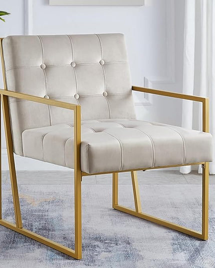 24KF Modern Taupe Velvet Button Tufted Accent Chair with Golden Metal Stand, Decorative Furniture Chairs for Living Room Bedroom - Taupe - LeafyLoom