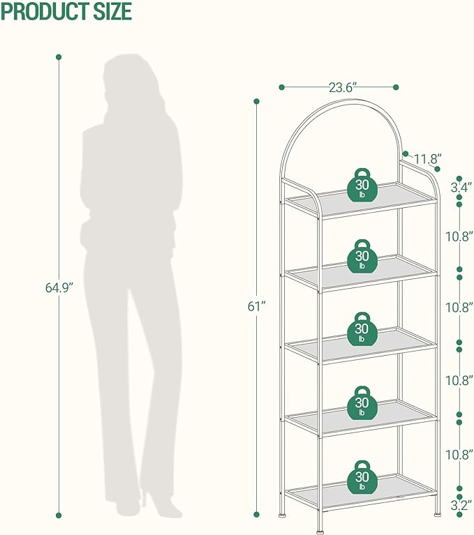 Bookcase Bookshelf, Tempered Glass Bookshelves, Slim Shelving Unit for Bedroom, Bathroom, Home Office, Steel Frame, 5 Tier Gold BC21599G - LeafyLoom