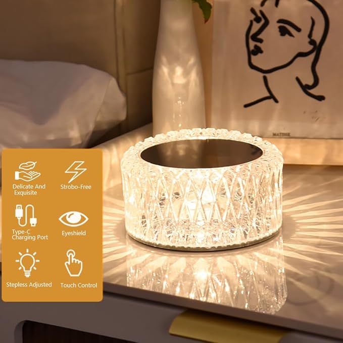 Portable Crystal LED Table Lamp, 3-Levels Brightness Desk Lamp, 3 Color Touch Control Rechargeable Lamp, Night Light, Bedside Lamp,Dining Room Lamp (3 Color) - LeafyLoom