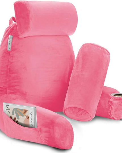 Clara Clark Reading Pillow, Large Back Pillow for Sitting Up in Bed, Memory Foam Back Support Pillow, Reading Pillows for Sitting in Bed Adult, Light Pink Sit Up Pillow for Bed with Arms and Pockets - LeafyLoom