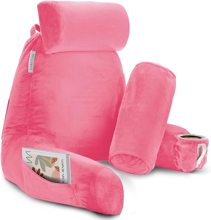 Clara Clark Reading Pillow, Large Back Pillow for Sitting Up in Bed, Memory Foam Back Support Pillow, Reading Pillows for Sitting in Bed Adult, Light Pink Sit Up Pillow for Bed with Arms and Pockets - LeafyLoom