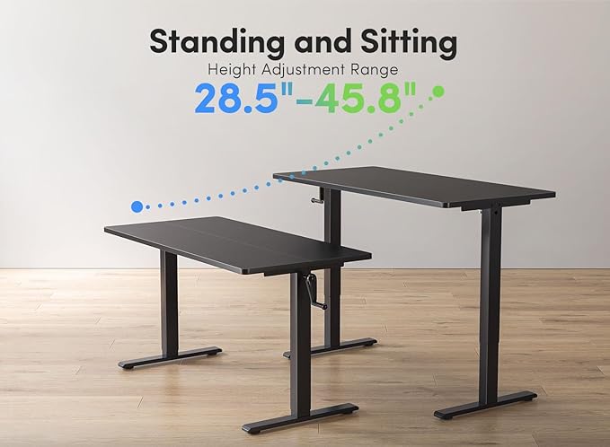 FEZIBO Crank Height Adjustable Desk, 48 Inches Manual Standing Desk, Writing Table with Handle, Home Office Desk with Black Frame/Black Table Top - LeafyLoom