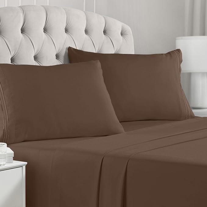 Mellanni California King Sheets Set - 4 PC Iconic Collection Bedding Sheets & Pillowcases - Hotel Luxury, Extra Soft, Cooling Bed Sheets - Deep Pocket up to 16 inch (Cal King, Brown) - LeafyLoom