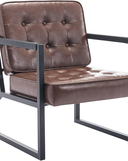 COLAMY Mid Century Modern Accent Chair, Comfy Living Room Chairs, Brown Leather Accent Chair, Faux Leather Reception Armchair with Metal Legs for Living Room Bedroom Reception Waiting Room, Brown - LeafyLoom