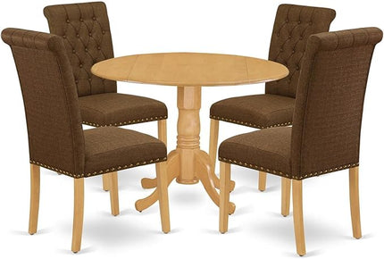 East West Furniture DLBR5-OAK-18 Dublin 5 Piece Room Set Includes a Round Dining Table with Dropleaf and 4 Brown Linen Fabric Upholstered Parson Chairs, 42x42 Inch, Oak - LeafyLoom