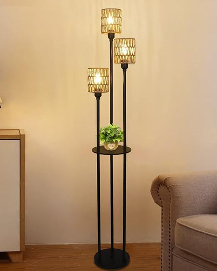 Boho Floor Lamp with Shelves, 3-Lights Farmhouse Tall Floor Lamp with ON/OFF Foot Switch, Rustic Standing Lamp with Rattan Shades for Living Room Bedroom Office - LeafyLoom