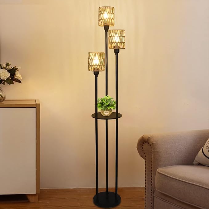 Boho Floor Lamp with Shelves, 3-Lights Farmhouse Tall Floor Lamp with ON/OFF Foot Switch, Rustic Standing Lamp with Rattan Shades for Living Room Bedroom Office - LeafyLoom