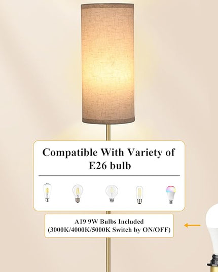 Boostarea Floor Lamp for Living Room with 3 Color Temperatures Bulb, Industrial Floor Lamps, Gold Classic Tall Lamp for Office, Standing Lamps for Bedroom, Kids Room, Reading(9W LED Bulb, Linen Shade) - LeafyLoom