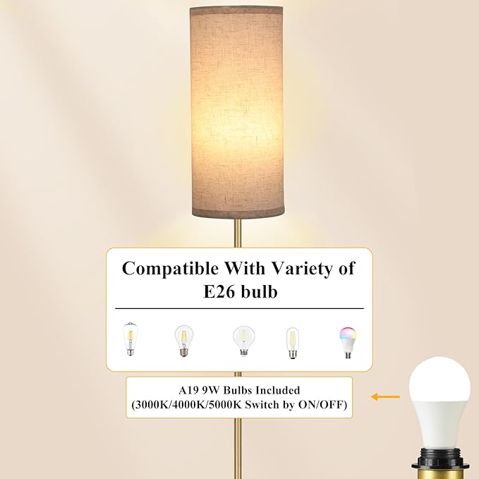 Boostarea Floor Lamp for Living Room with 3 Color Temperatures Bulb, Industrial Floor Lamps, Gold Classic Tall Lamp for Office, Standing Lamps for Bedroom, Kids Room, Reading(9W LED Bulb, Linen Shade) - LeafyLoom