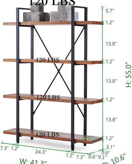 HSH 4 Tier Natural Real Wood Bookshelf, 4 Shelf Rustic Solid Wooden and Metal Bookcase, Farmhouse Open Vintage Industrial Etagere Book Shelf for Office Living Room Bedroom Storage, Distressed Brown - LeafyLoom