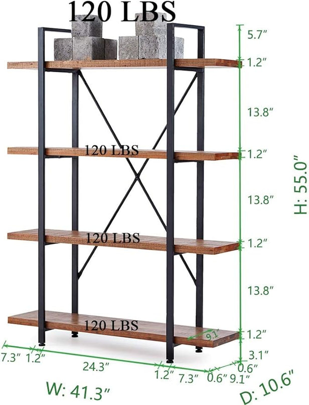 HSH 4 Tier Natural Real Wood Bookshelf, 4 Shelf Rustic Solid Wooden and Metal Bookcase, Farmhouse Open Vintage Industrial Etagere Book Shelf for Office Living Room Bedroom Storage, Distressed Brown - LeafyLoom